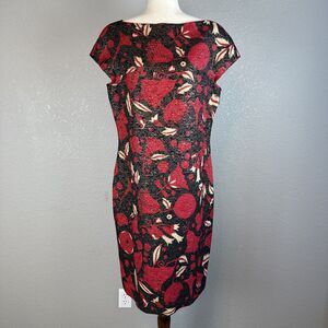 Moschino Womens Sheath Dress 14 Floral Red Black Gold Shimmer Wool Silk